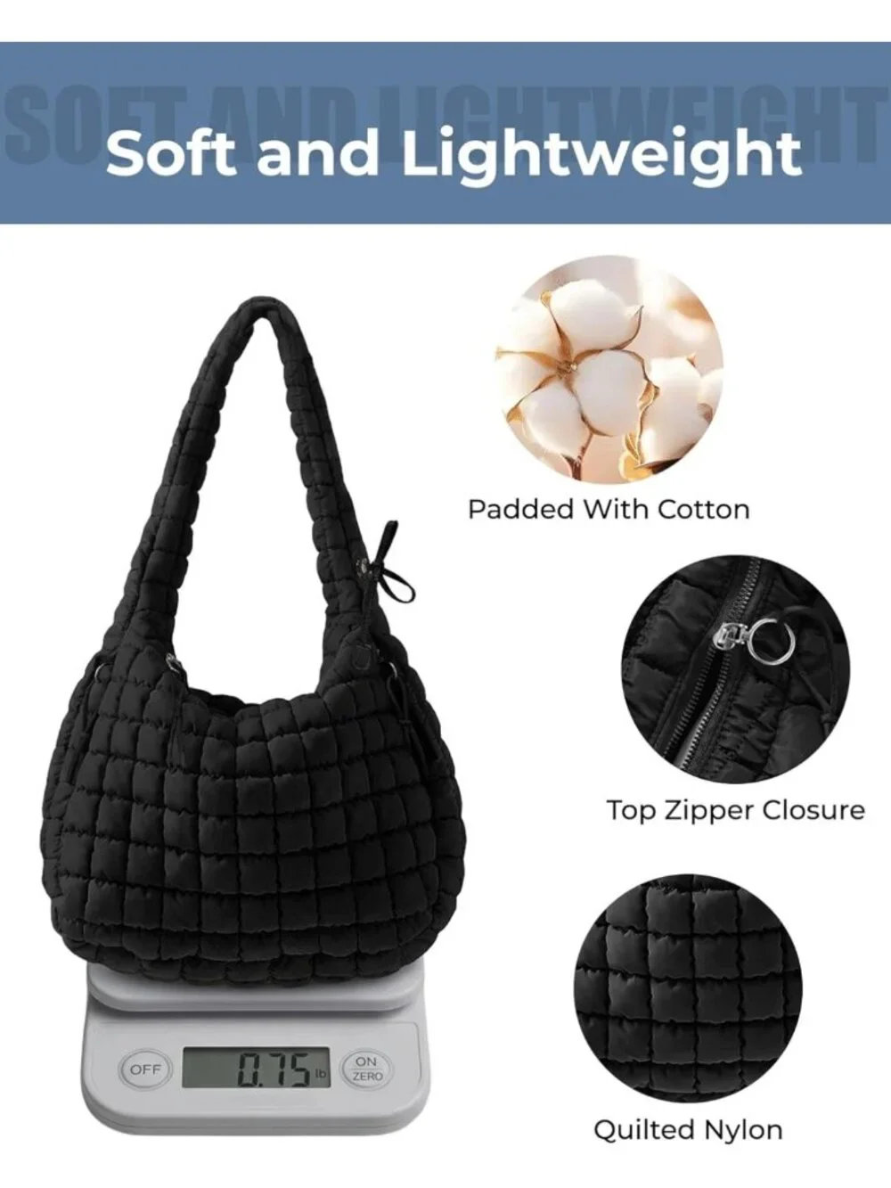 Trendy Quilted Puffer Tote Bag for Women | Nylon Crossbody Hobo Purse, Large - Picture 5 of 5